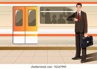 A vector illustration of a businessman waiting for subway