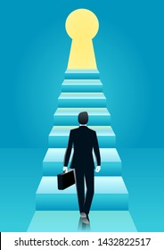 vector illustration of businessman walk towards to the stairs into keyhole with bright light. business concept illustration 