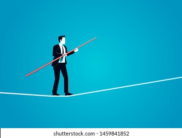 vector illustration of businessman walking away carefully from rope by holding a pole. describe challenge, obstacles, ambition, take a risk and danger. business concept illustration