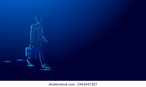 Vector illustration. Businessman walking carrying suitcase. low poly blue background.
