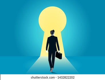 vector illustration of businessman walking into keyhole with bright light. business concept illustration 