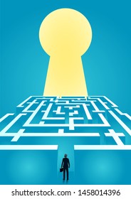 vector illustration of businessman walking in labyrinth to keyhole. describe success, opportunity, overcoming, ambition and courage. business concept illustration