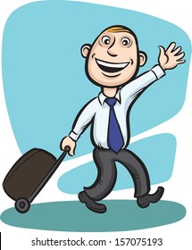 Vector illustration of Businessman walking with luggage with wheels. Easy-edit layered vector EPS10 file scalable to any size without quality loss. High resolution raster JPG file is included.