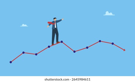 Ilustração vetorial do homem de negócios caminhando no gráfico de investimento de risco. Risco e incerteza, volatilidade do investimento ou mercado de ações e flutuação criptomonetária para cima e para baixo, estratégia de todas as condições meteorológicas.