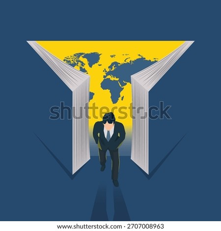 A vector illustration of a businessman walking out from between two open books with a world map in the background