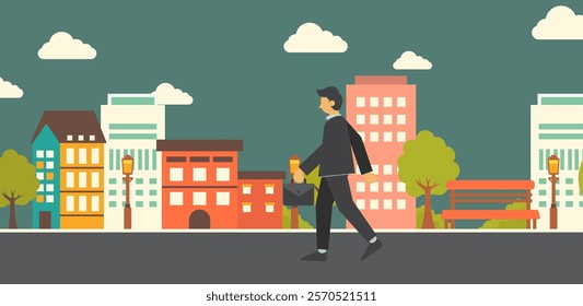 vector illustration of Businessman Walking Through Vibrant Cityscape Holding Briefcase in Professional Attire