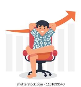 vector illustration businessman wearing  Hawaiian clothes sitting on chair legs crossed and hand behind head, freelancer sitting and relax with business growth behind