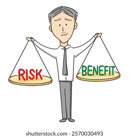 vector illustration of businessman is weighing the risks and benefits, business risk and benefit symbol, isolated on white background