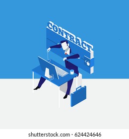 Vector illustration of businessman who is bound hand and foot by contract. Business agreement concept design element.