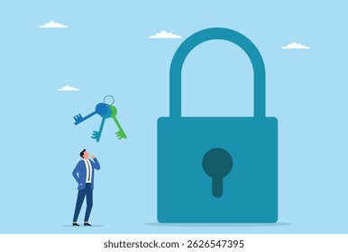 Vector illustration of a businessman who is confused about choosing the key to his success
