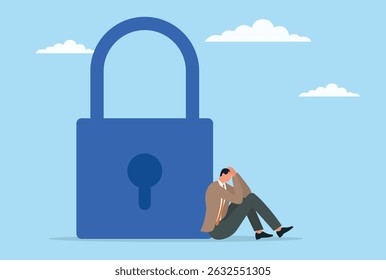 Vector illustration of a businessman who is frustrated and worried about the uncertainty of the security and future stability of his business
