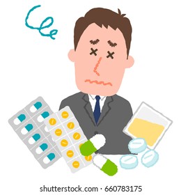vector illustration of a businessman who are tired of many medicines