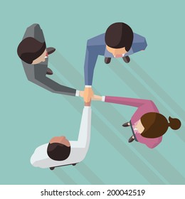 Vector illustration of businessman and woman join hands by touching top of each other, design in flat design with long shadow, view from top view. 