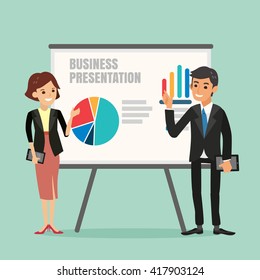 vector illustration of businessman and woman making a presentation in front of a board