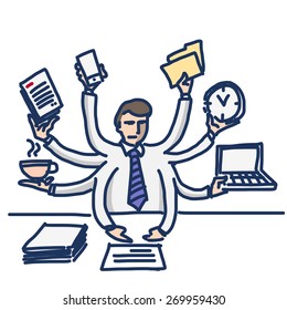 vector illustration of businessman workaholic and multitasking | simply modern flat design colorful cartoon icon isolated on white background