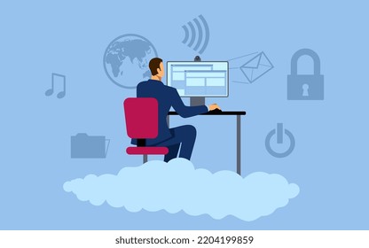 Vektorgrafik von Geschäftsleuten, die mit Desktop-Computern arbeiten und Cloud-Computing-Konzept verwenden