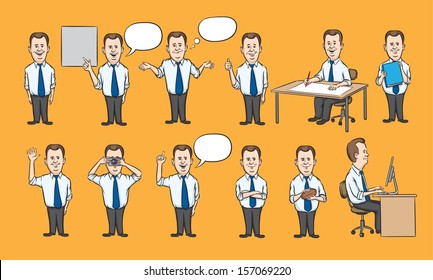 Vector illustration of businessman working figures collection. Easy-edit layered vector EPS10 file scalable to any size without quality loss. High resolution raster JPG file is included.