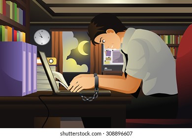 A vector illustration of businessman working with his hands tied with handcuff to the laptop