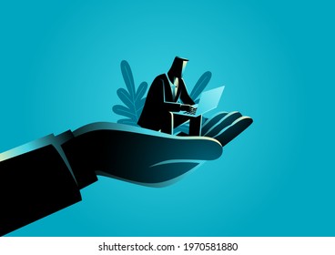 Vector illustration of a businessman working with laptop on giant hand, concept for comfortable and safe environment at work for employee