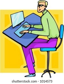 Eine Vektorgrafik eines Geschäftsmannes, der an einem Computer arbeitet.