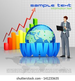 vector illustration of businessman working on laptop with bargraph on Earth