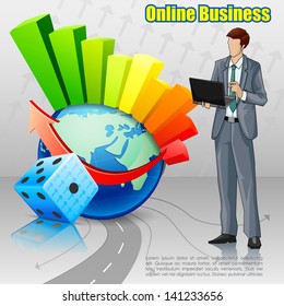 vector illustration of businessman working on laptop with bargraph on Earth