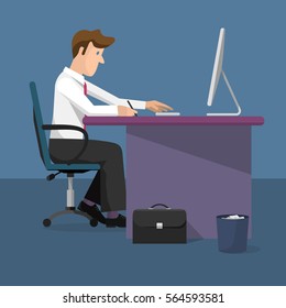 Vector illustration of businessman working on computer. Monitor computer, office desk,case. Cartoon flat style template.