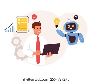 Vector illustration of a businessman working with a robot.Cartoon scene of man with red tie,shirt holding laptop, getting ideas from artificial intelligence isolated on white background.Business idea.