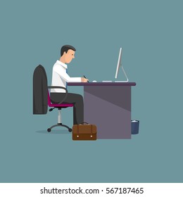 Vector illustration of businessman writes pen. Monitor computer, office desk,case,suit. Cartoon flat style template