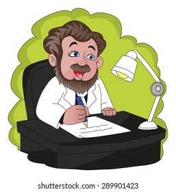 Vector illustration of a businessman writing on document at office desk.