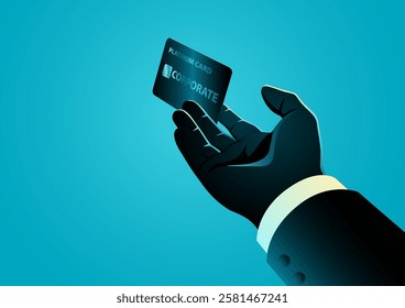 Vector illustration of a businessmans hand presenting a platinum corporate card. Themes for succesful career, executive privileges, and banking