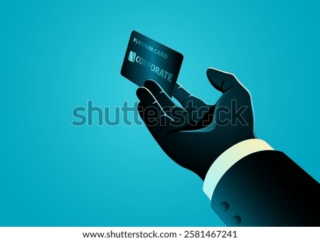 Vector illustration of a businessmans hand presenting a platinum corporate card. Themes for succesful career, executive privileges, and banking