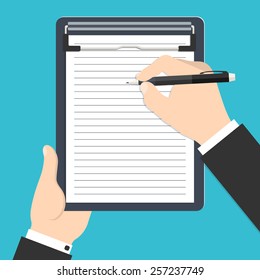 Vector illustration of businessman's hands holding clipboard and writing his report or resume for your design