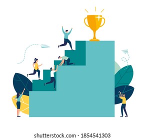 Vector illustration, businessmen climb the ladder to the goal in the form of a golden cup, competition, career planning, career development concept, teamwork