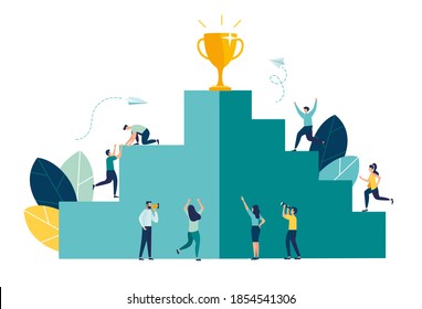 Vector illustration, businessmen climb the ladder to the goal in the form of a golden cup, competition, career planning, career development concept, teamwork