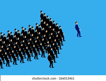 A vector illustration of businessmen following the leader, in the formation of an arrow shape. A metaphor on teamwork and leadership.