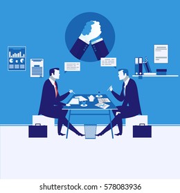 Vector illustration of businessmen having meeting. Arm wrestling symbol, icon. Business meeting and competition concept design element in flat style.