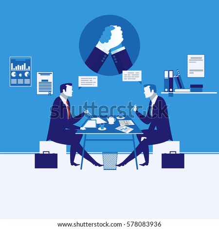 Vector illustration of businessmen having meeting. Arm wrestling symbol, icon. Business meeting and competition concept design element in flat style.