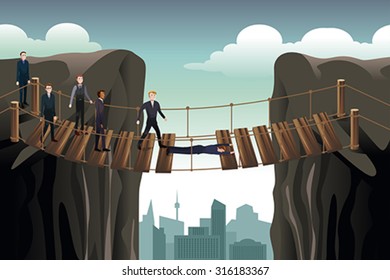 A vector illustration of businessmen helping his colleagues crossing the damaged bridge for teamwork concept