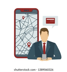 Vector illustration with businessmen looking for the nearest ATM ore bank branches on city map using mobile application on smartphone. Navigation in city. Design for websites, print, presentation.
