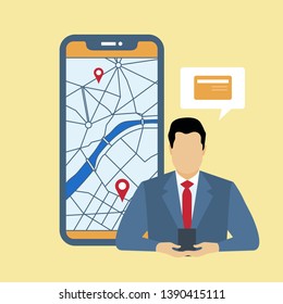 Vector illustration with businessmen looking for the nearest ATM ore bank branches on city map using mobile application on smartphone. Navigation in city. Design for websites, print, presentation.