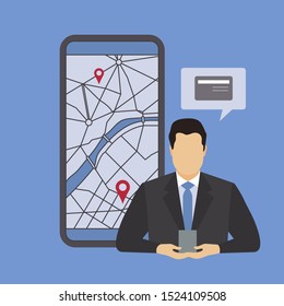 Vector illustration with businessmen looking for the nearest ATM ore bank branches on city map using mobile application on smartphone. Navigation in city. Design for websites, print, presentation.