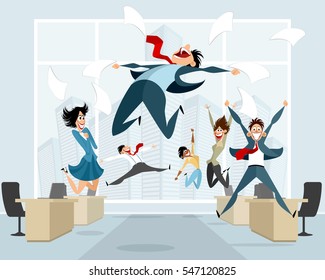 Vector illustration of businessmen in office jumping