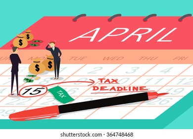 A vector illustration of businessmen standing on top calendar with tax deadline written on the calendar for tax deadline concept