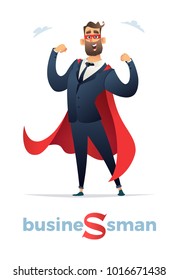 Vector illustration of businessmen super hero character, office worker man Superhero. Businessman in red cloak or cape and eye mask, standing in a superhero pose.