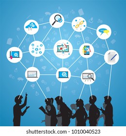 Vector illustration of businessmen team work seminar concept, group of people in silhouette discuss connecting business idea 