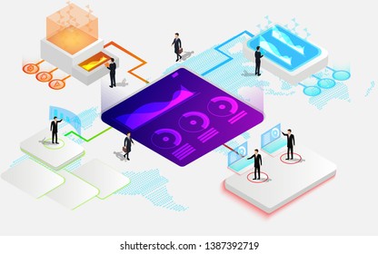 vector illustration, businessmen using high technology  cyberspace program on laptop,smartphone, futuristic graphic design on white isolated background .