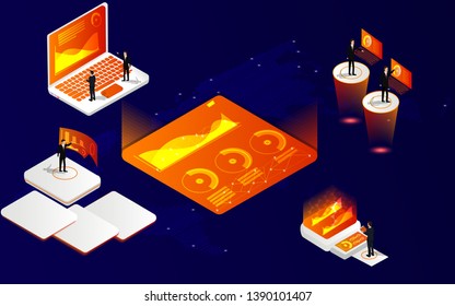 vector illustration, businessmen using high technology  cyberspace program on laptop,smartphone, futuristic graphic design on white isolated background .