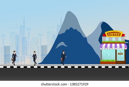 vector illustration businessmen walking to the coffee shop with happy in free time.