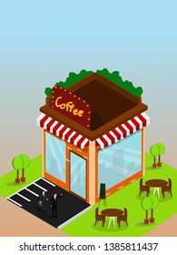 vector illustration businessmen walking  in front of the coffee shop,cafe  in the city use for background.